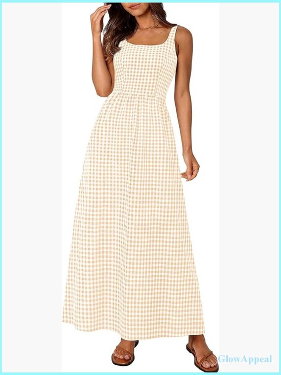 Dresses & Skirts - Spaghetti Strap Maxi Dress Plaid Square Neck A Line Casual Beach Vacation Long